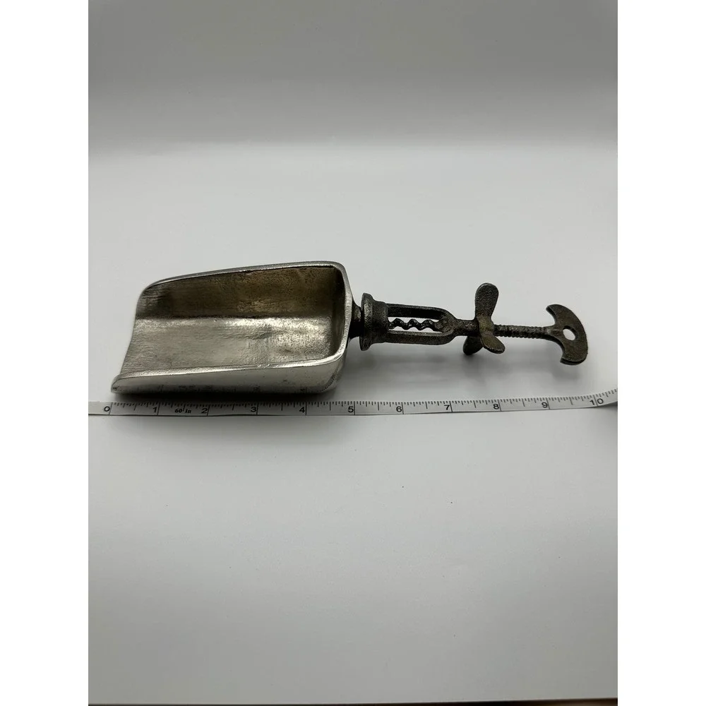 Vintage Style Corkscrew Handle Ice Scoop Cast Metal Industrial Barware Silver